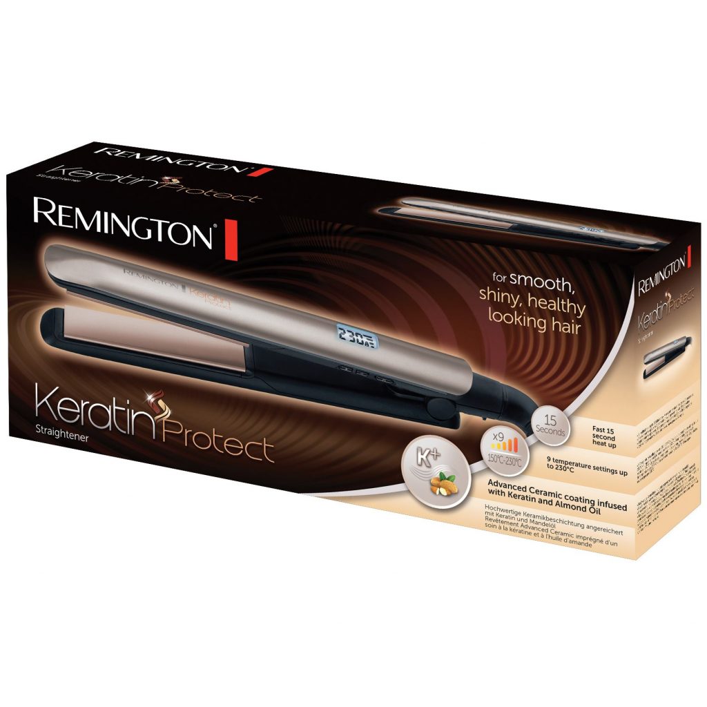 Преса за коса Remington S8540 Keratin Protect, Керамични плочи, 9 настройки на температурата, 150°C - 230°C, LCD дисплей, Бронзова/Черна