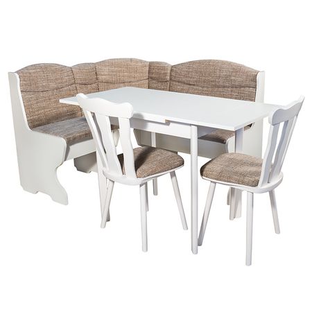 Комплект мебели за кухня Elvila Parma, Кухненски ъгъл + Разтегателна маса + 2 стола, Бели