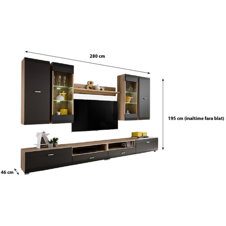 Комплект мебели за дневна Kring Genova със светлини, Stejar San Remo/Grafit, 280 x 195 x 46 см