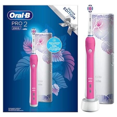 Ел. четка за зъби Oral-B Pro 2 2500 Design Edition 3D White, 40000 пулсации/мин, 8800 осцилации/мин, 3D почистване, 2 програми, 1 накрайник, Комплект за пътуване, Розов