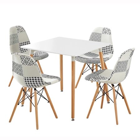 Комплект 4 стола Kring Kai, Модел Рatchwork, Материал текстил/дърво, Бял/Черен