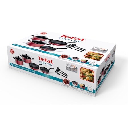 Комплект от 9 части Tefal Super Cook, 2 тенджери с капак, Wok, Тиган и 3 прибора