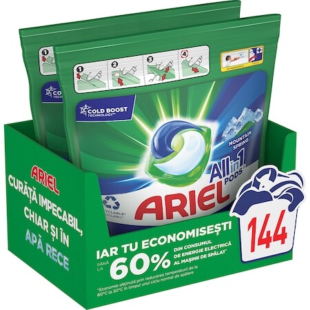 Капсули за пране Ariel All in One PODS Mountain Spring, 2x72 броя, 144 пранета