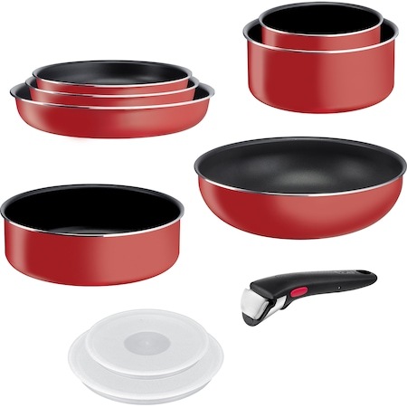 Комплект 10 части Tefal Ingenio Easy Cook & Clean, Незалепващо покритие Titanium, Температурен индикатор Thermo-Signal, Подвижна дръжка, Червен